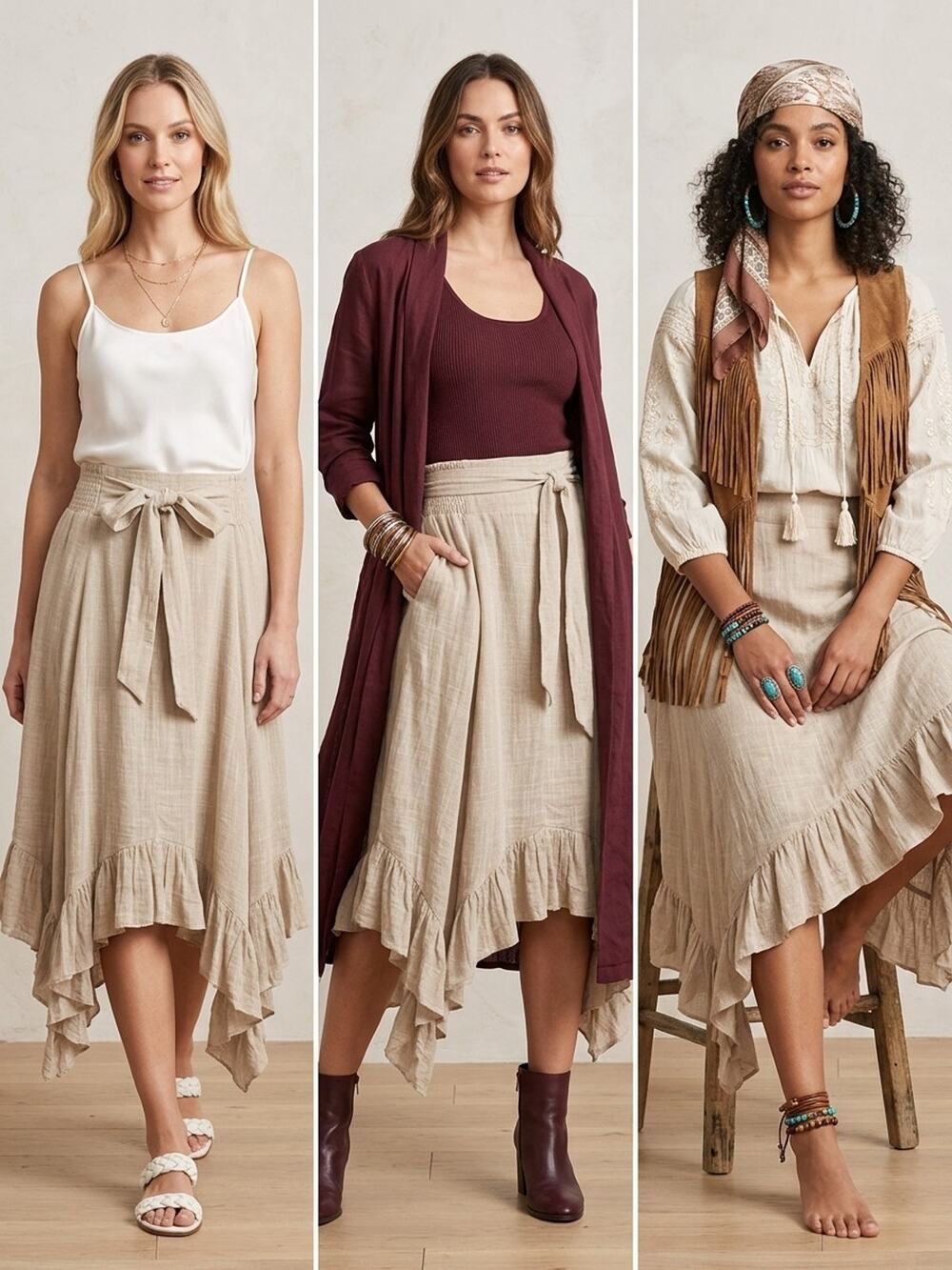 Beige boho midi skirt smocked waistband ruffled handkerchief hem Tie Waist Sz-M